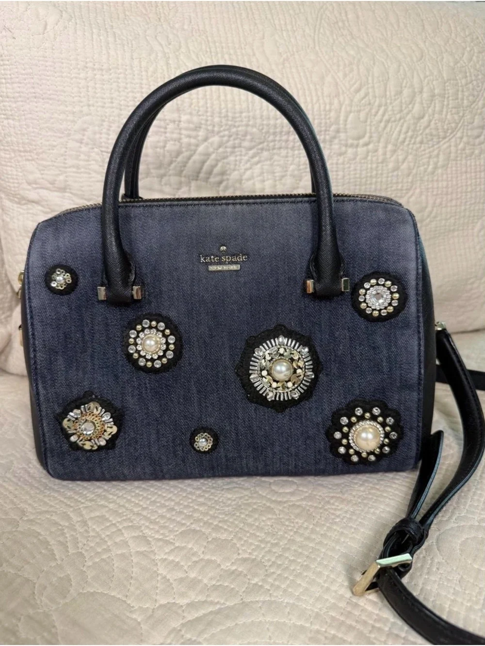 Kate Spade Cameron Street Pearl & Crystal Embellished Denim Satchel/Crossbody